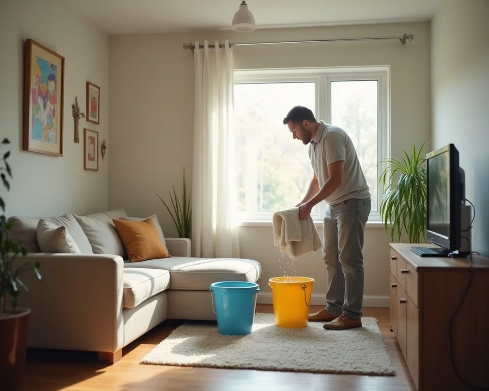 Plymouth home water containment scene for emergency asphalt roof replacement—homeowner placing buckets and towels under dripping ceiling