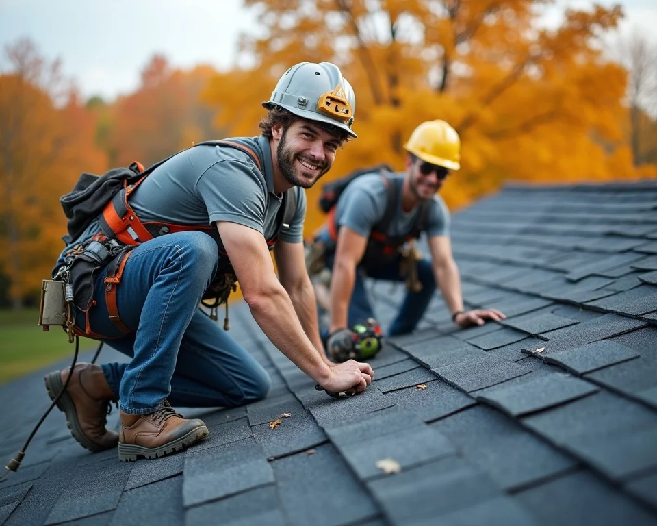 Energetic day of roof replacement in Plymouth—roofers removing old asphalt roof and installing new shingles for emergency replacement under fall sunlight
