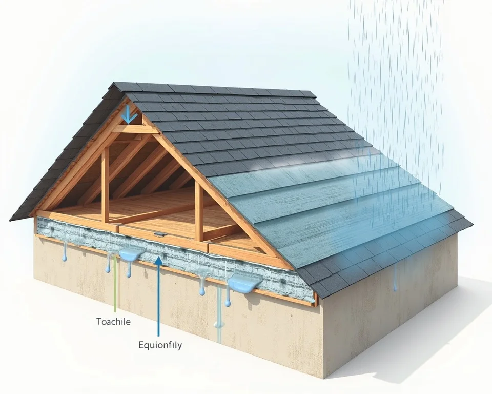 educational cross-section infographic of a Plymouth attic showing water moving through damaged roof, insulation and framing for roof inspection and repair