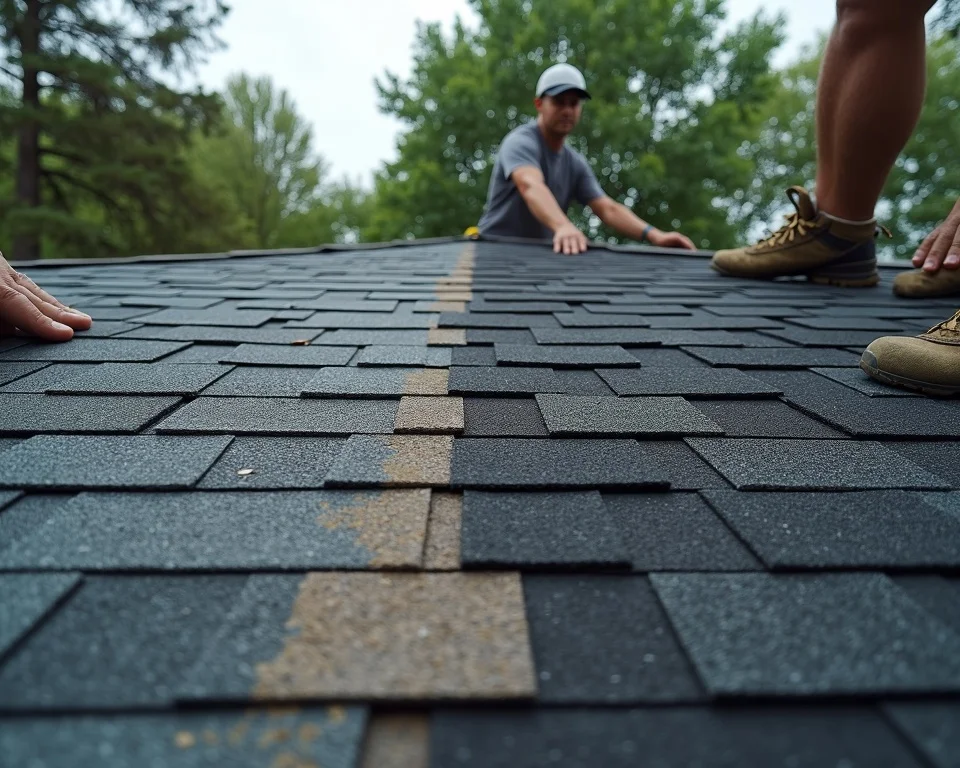 Split image showing roof repair vs new asphalt roof replacement in Plymouth; side-by-side comparison with roofers at work