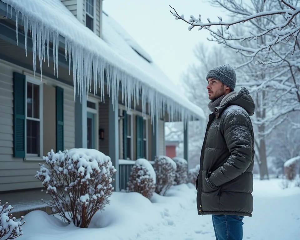 Caution homeowner looking at icy roof—do not attempt emergency roof repair without professional help during winter in Plymouth